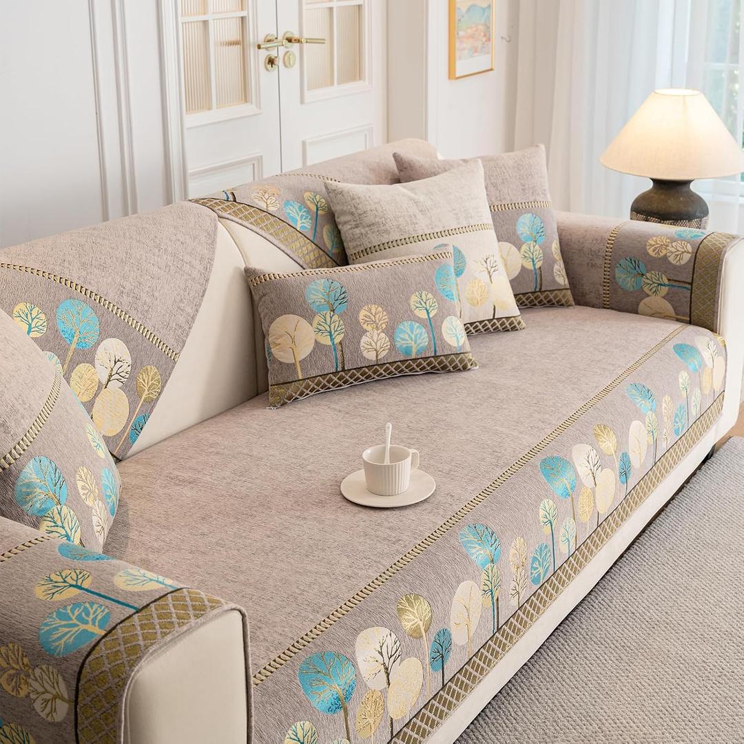 JoraLion Boho Jacquard Sofa Cover 36"x71" - Chenille Loveseat & Sectional Cover, Washable Non Slip Slipcover for Cushion Couches, 1pc, Khaki