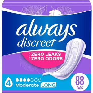 Always Discreet Adult Incontinence Pads for Women, Moderate Absorbency, Long Length, Postpartum Pads, 88 CT