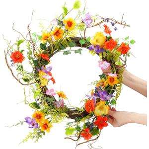 24 Inch Spring Branch Wreath with Mixed Morning Glory Flowers Trumpet Blossom Floral Wreath Silk Morning Glory Flower Hanging Wreath with Vine for Front Door Wedding Window Wall Summer Home Decoration