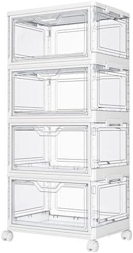 Kmiectse Clear Storage Bins with Lids - 4 Tier Plastic Bins with Wheels, Stackable Storage Bin, Closet Organizers Box for Bedroom, Living Room, 23 QT Folding Box with Magnetic door