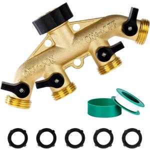 Dalmbox Garden Hose Splitter 4 Way, Water Hose Splitter, 3/4" Heavy-Duty Brass Garden Hose Splitter, Includes 5 Rubber Washers & Teflon Tape(1 pack)