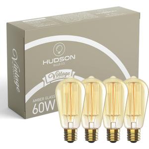 Hudson Vintage Incandescent Edison Decorative Light Bulbs 4-Pack - 60W, 2100K Dimmable, E26/E27 ST64 Warm Antique Squirrel Filament Amber for Indoor Outdoor - Lightbulb - Outdoor Light