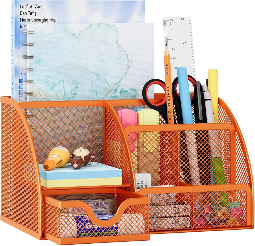 EasyPAG Mesh Desk Organizer with Drawer Multi-Functional Pen Holder Stationery Organizer for Office School Supplies 6 Compartments Dorm Organizers and Storage for Desk, Orange