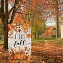 Heyfibro Hello Fall Pumpkin & Fallen Leaves Garden Flag 12x18 Double Sided Burlap, Autumn Maple Leaf Flower Yard Flags for Thanksgiving Rustic Seasonal Outside Outdoor Decoration (ONLY FLAG)