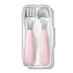 OXO Tot On-The-Go Fork and Spoon Set, Blossom | Toddler Utensils, Baby Food Utensils, Compact Travel Case, Stainless Steel, Meals On-the-Go, Baby Registry, Dishwasher Safe