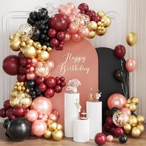 Burgundy Balloon Garland Arch Kit, 167Pcs Maroon Pearl Rose Gold Black Balloons for Birthday Graduation Bridal Shower Party Decorations, Burgundy Black Gold