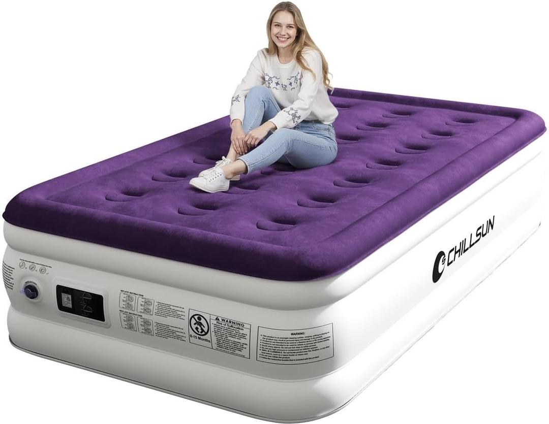 CHILLSUN Twin Air Mattress Inflatable Airbed with Built in Pump, 3 Mins Quick Self-Inflation, Comfortable Top Surface Blow Up Bed for Home Portable Camping Travel, 75x39x18'', 550 lb MAX (Purple)