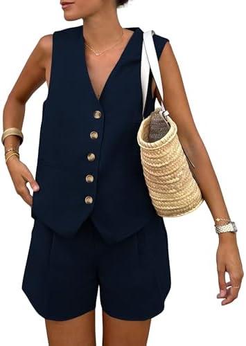 PRETTYGARDEN Women's Summer 1Piece Outfits Sleeveless Matching Sets Button Down V Neck Vest Waistcoat and Pockets Shorts size M