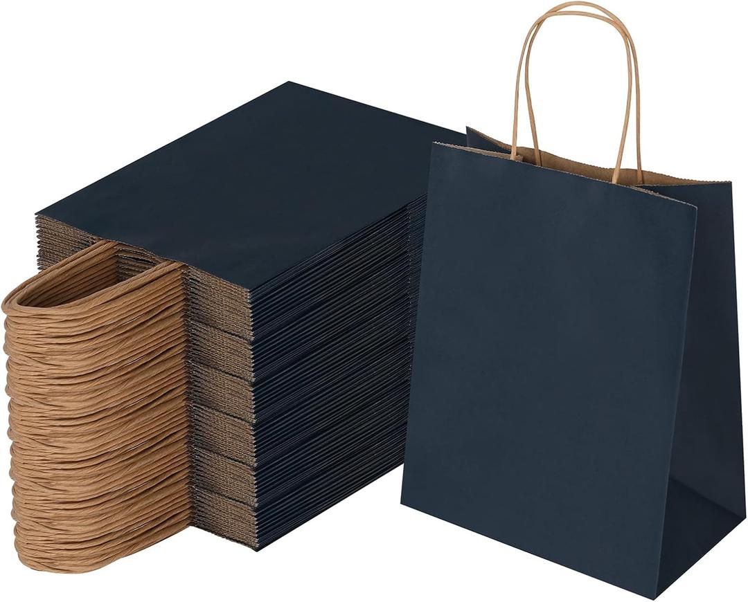 Joybe 100 Pack 8x4.75x10 Inch Medium Navy Blue Kraft Paper Bags with Handles Bulk, Craft Paper Gift Bags for Party Favors Retail Shopping Business Goody Merchandise Take Out Blank Sacks (100pcs)