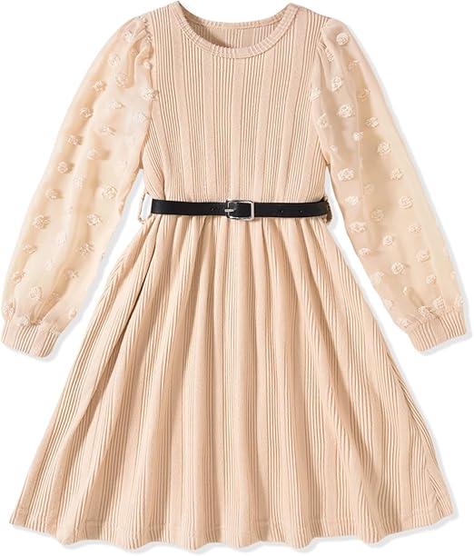 Floerns Girls Solid Swiss Dot Mesh Bishop Long Sleeve Crew Neck Knit Dress Apricot 12-13Y