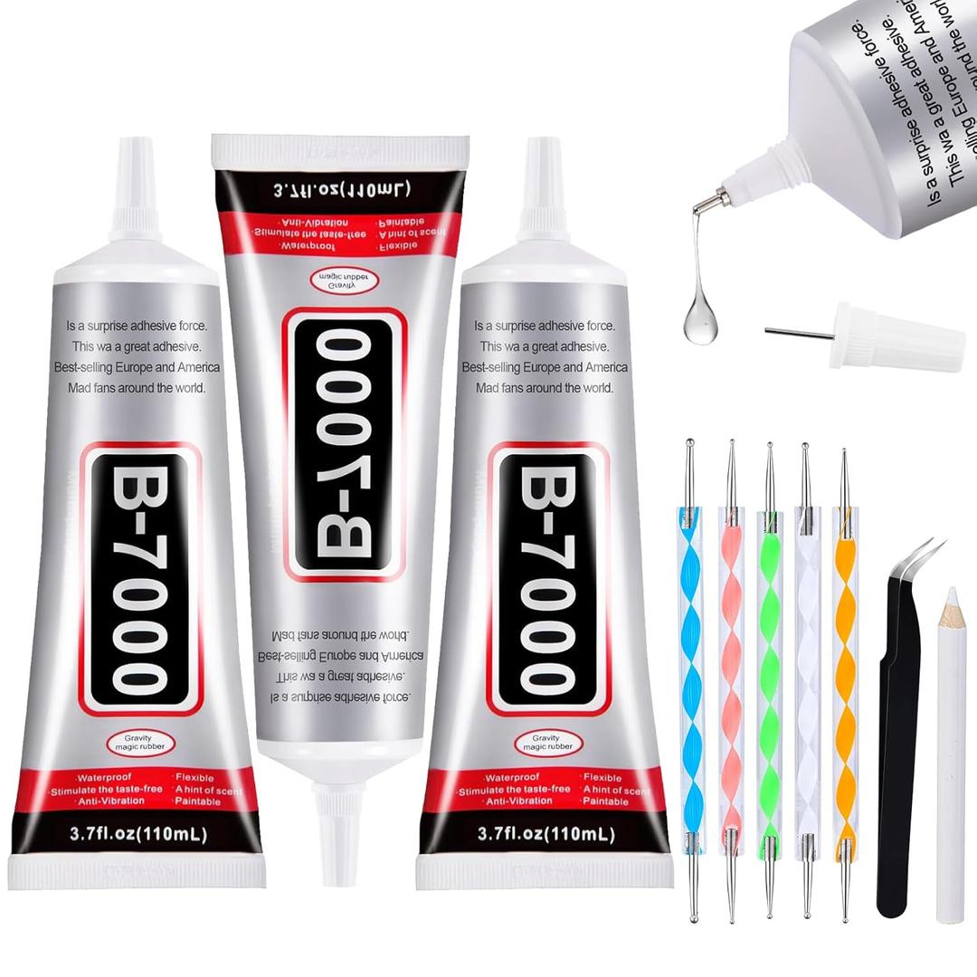 3 PCS 110ml B7000 Glue Clear with Precision Tip, Bedazzling Glue, Rhinestone Glue Set, Craft Glues with 5-Point Pen Tool, Crayon, and Tweezers, Craft Glue is Used for Nails, Jewelry, Shoes