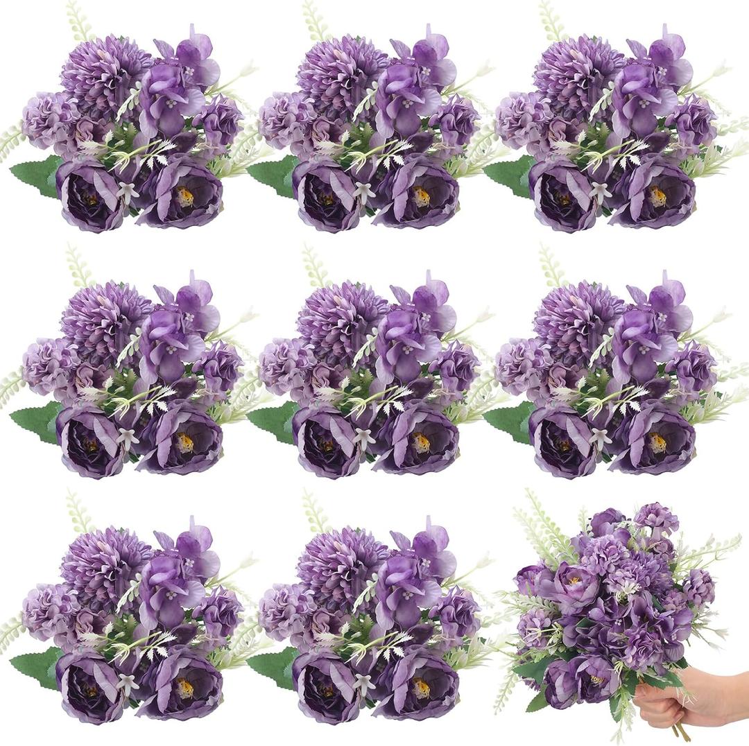 Lyrow 8 Pcs Peony Artificial Flowers Fake Silk Hydrangea Bouquet Elegant Peony Flowers for Wedding Decoration Faux Realistic Floral for Home Party Table Centerpieces Arrangement (Purple)