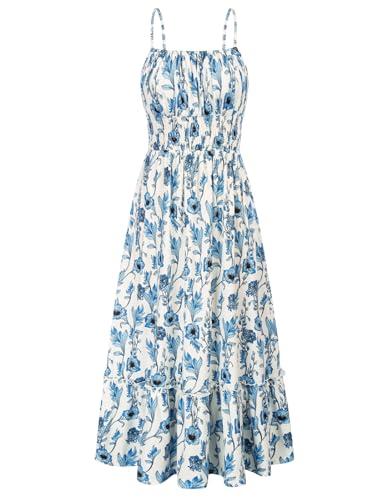 GRACE KARIN Women's Summer Boho Spaghetti Strap Square Neck Ruffle Casual Flowy Long Dress Beach Swing Maxi Dress Blue Floral XL
