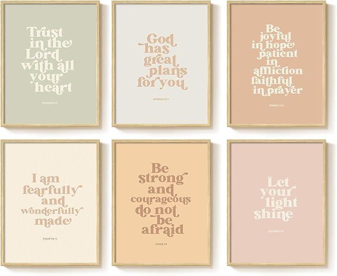 Framed Christian Wall Art Set of 6, Boho Bible Verse Prints with Inspirational Scripture Quotes Neutral Pastel Artwork, Religious Decor for Kids Room Nursery Bedroom Living Room, 11x14 Inch