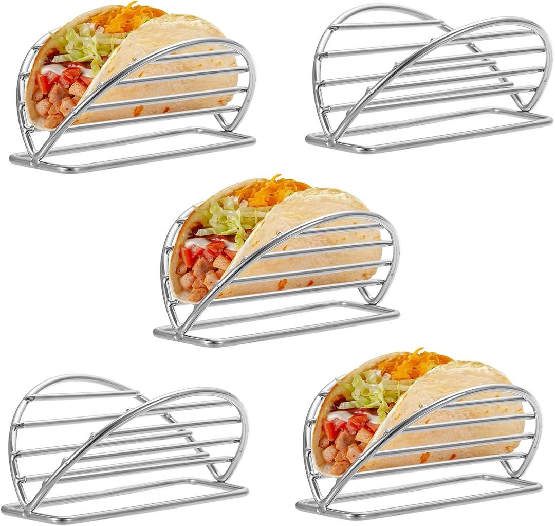 BSTKEY Taco Holders Set of 5, Stainless Steel Taco Stand, Soft or Hard Shell Taco Rack for Taco Bar, Burritos and Tortillas Holder for Kitchen Restaurant
