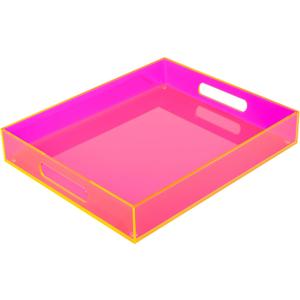 Large Acrylic Tray Ottoman Coffee Table Tray with Handles 17x13'' Decorative Serving Platter for Food Tea Dinner Snack Eating Bar Party, Neon Pink