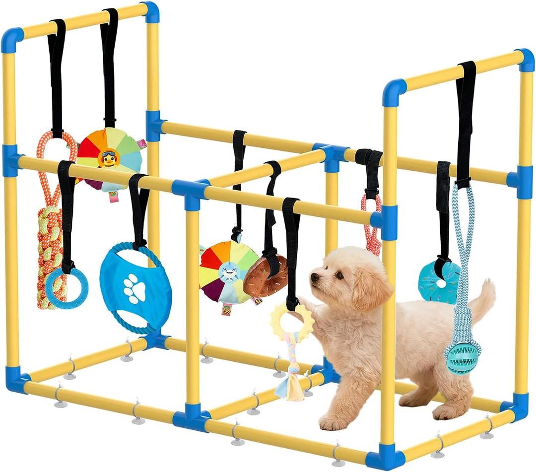 Puppy Play Gym Large & 10 Hanging Toys Indoor Play Gym Interactive Dog Toys for Boredom Enrichment Activity for Small Dog Teething PVC Frame Stretchy Rope with Velcro (Yellow,33.5 x 28.5 x 19.6 inch)
