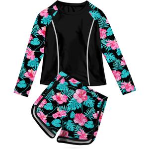Vogseek Girls Rash Guard Swimsuits 2 Piece Bathing Suit UPF 50+ Summer Swimwear Size 7-12T (10-11 Years, A Black Red)
