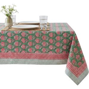 ATOSII Roma Green 100% Cotton Spring Summer Tablecloth, Handblock Print Rectangle Table Cover for Kitchen Dining Linen I Parties, Outdoors, Wedding, Easter Table Cloth I 72 X 108 Inches I 8 Seater