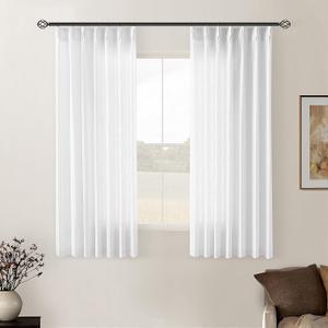 White Short Linen Curtains 45 Inch Length 2 Panel Set for Small Windows Rustic Country Linen Cotton Light Filtering Drapes Privacy Pinch Pleated Back Tab Semi Sheer Kitchen Curtains 45 Inches Long