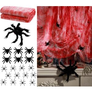 20 Pcs Halloween Creepy Cloth with Black Fake Spiders Realistic Large Spider Web Decoration Scary Props for Haunted Horror Yard Window Doorway Outdoor Halloween Themed Decorations(Blood)