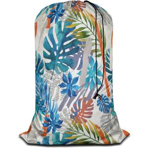 Swono Tropical Leaf Large Laundry Collapsible Laundry Bag Summer Exotic Brush Strokes Foldable Laundry Hamper Bag, Machine Washable, Oxford Cloth, Colorful (28x40 Inch)