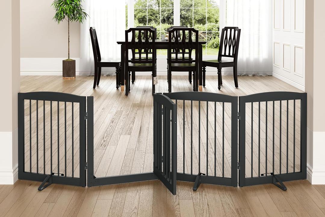 Freestanding Dog Gate with Door, Pet Gate for Stairs, 80 inch Wide Pet Barrier Indoor, Dog Fences Indoor, Support Feet Included, 4 Panels, 24" Tall, Grey (Gray)