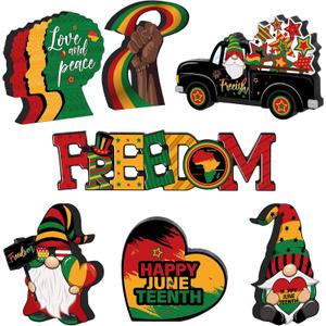 7 Pcs Juneteenth Day Decorations Wooden Happy Juneteenth Table Centerpieces Freedom Day Table Signs Wood 1865 Black American Independence Table Toppers for Home Desktop Decor (Without Base)