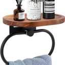 Hand Towel Ring with Shelf, Stainless Steel Hand Towel Holder, Heavy Duty Bath Accessories, Wall Mounted Towel Hanger for Bathroom Kitchen (Wood Black)