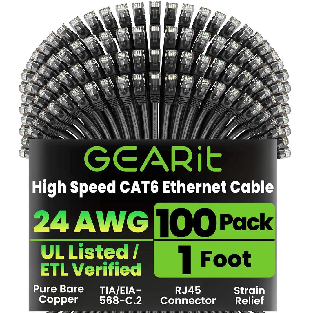 GEARit Cat 6 Patch Cables 1 ft Black (100 Pack) - Cat6 Patch Cables 1ft Black/Ethernet Patch Cable, 10Gbps 550MHz 24AWG Pure Copper, Snagless, Gold Plated RJ45 for Router, Server, Router, PC