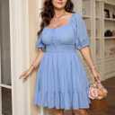SCOMCHIC Women's Plus Size Summer Dresses Cotton Short Sleeve Square Neck Ruffle A-Line Flowy Party Short Milkmaid Dress (Blue, XL)