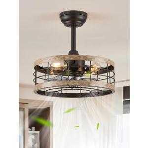 LEDIARY 16.5in Caged Ceiling Fan with Light, Fandelier Industrial Ceiling Fan with Remote, Rustic Metal Fan Lights Ceiling Fixtures for Kitchen, Farmhouse, Bedroom6 Speed,1/2/4/8h Timing-Brown (16.5 Inch)