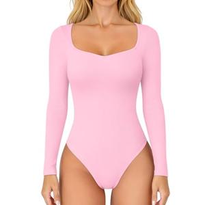 OQQ Women Bodysuit Contrast-Trim Square Neck Long Sleeve Stretch Bodysuit Tops Pink cherry blossom S