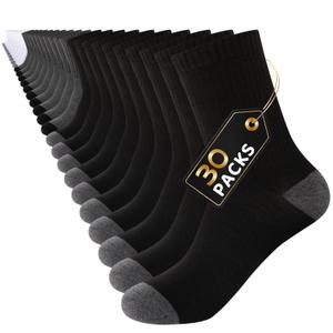 LITERRA 30 Pairs Men's Breathable Crew Socks Soft Casual Comfort, Everyday Length Size 13-15, Black White Grey Bulk Pack (XL)