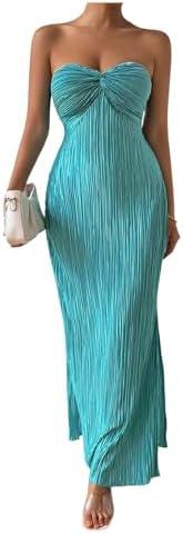 Milumia Women's Twist Front Strapless Bodycon Dress Summer Split Thigh Maxi Tube Dresses Vacation Outfits XS