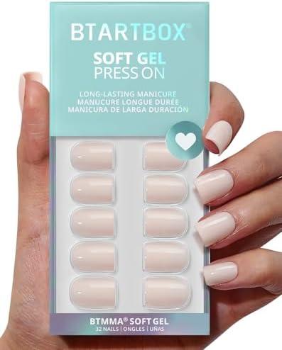 BTArtbox Press On Nails Square - Pastel Short Press On Nails with Glue for Women, Opaque Soft Gel Glue On Nails in 16 Sizes - 32 Stick On Nails Kit, Brief Nude