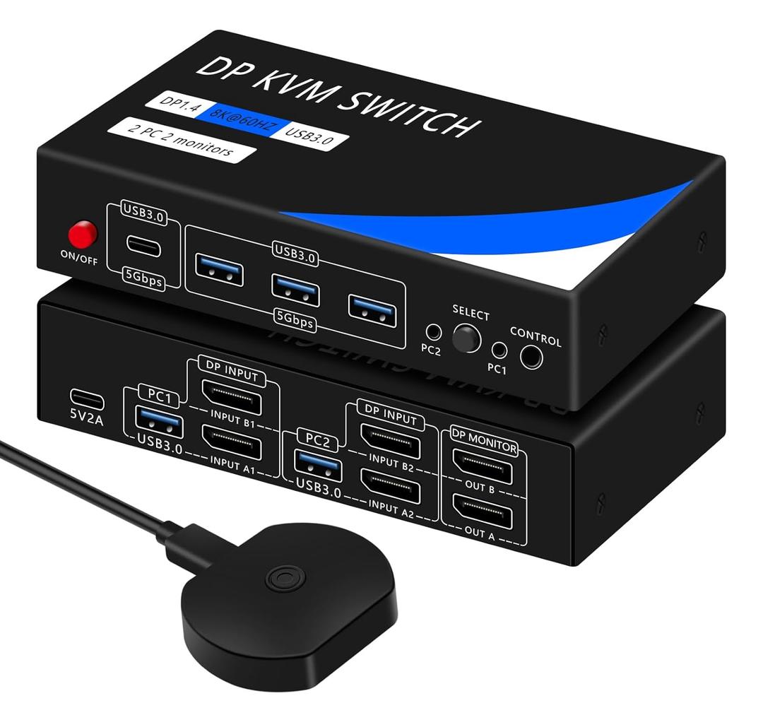 Dual Monitor Kvm Switch 2 Monitors 2 Computers HDMI 4k@60HZ,USB3.0. kvm switches 1 Monitors 2 Monitor 2 Computers,USB switcher 2 Computers Keyboard Mouse Switch (USB3.0+8KDP) (Blue)