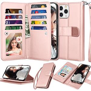 Njjex Compatible with iPhone 13 Pro Max Case/iPhone 13 Pro Max Wallet Case 6.7" 2021, [9 Card Slots] PU Leather Card Holder Folio Flip [Detachable] Kickstand Magnetic Phone Cover & Lanyard [Rose Gold]