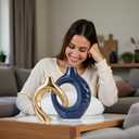 LCCCK Blue and Gold Ceramic Vases for Home Decor, Boho Vase for Flowers Pampas Grass Decorative, Navy Blue Hollow Donut Small Vase for Living Room Table Wedding Centerpiece Modern Vases, 6.7"L x 2"W x 8.6"H