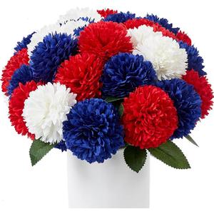SITUMEIZI 12 Pcs Artificial Chrysanthemums Flowers Patriotic Red White Blue Fake Mums Silk 4th of July Decorations Memorial Day Table Centerpiece Floral Arrangement for Home Kitchen Wedding