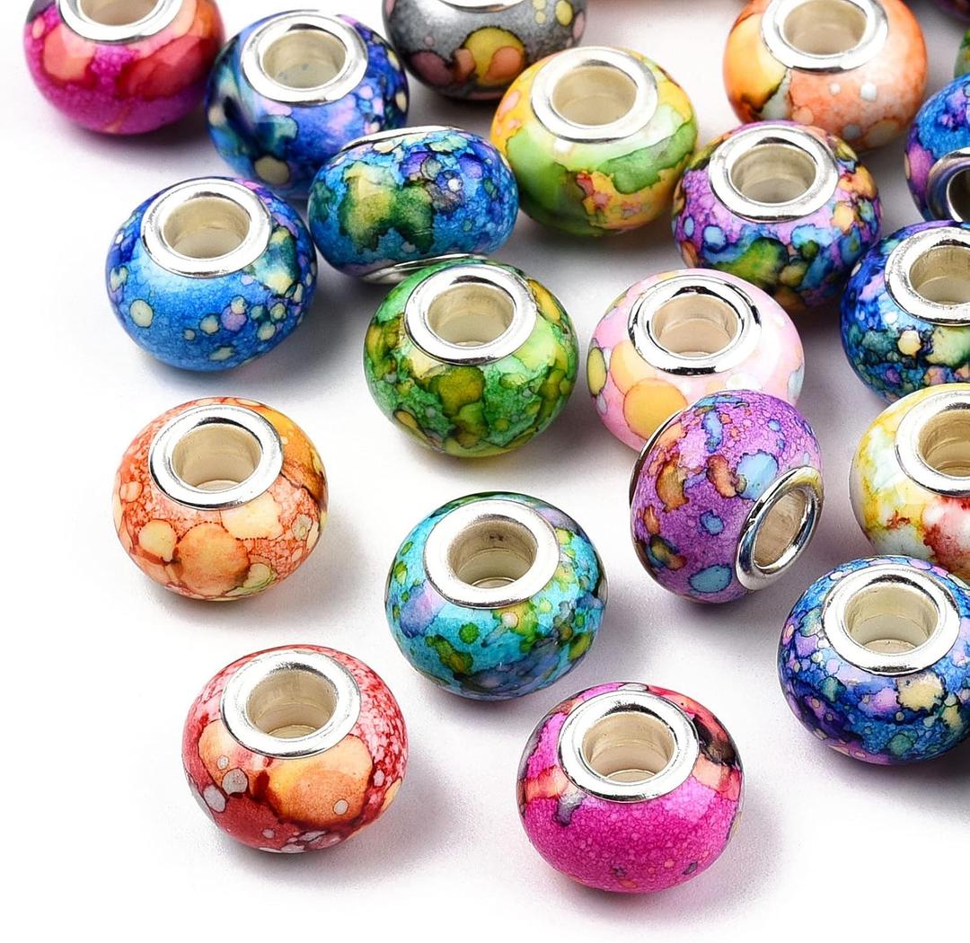 Beadthoven 100pcs Large Hole European Beads Watercolor Colorful Resin Rondelle Beads Charms with Silver Brass Cores European Charm fit Bracelet Necklace DIY Pens Jewelry Making Macrame Hair Braids
