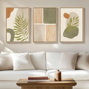 Framed Mid Century Modern Boho Wall Art Bedroom, 3 Piece Tropical Sage Green Paintings Prints Canvas Artwork for Walls, Large Modern Bohemian Pictures for Living Room Hallway Wall Decor, 16x24 Inch