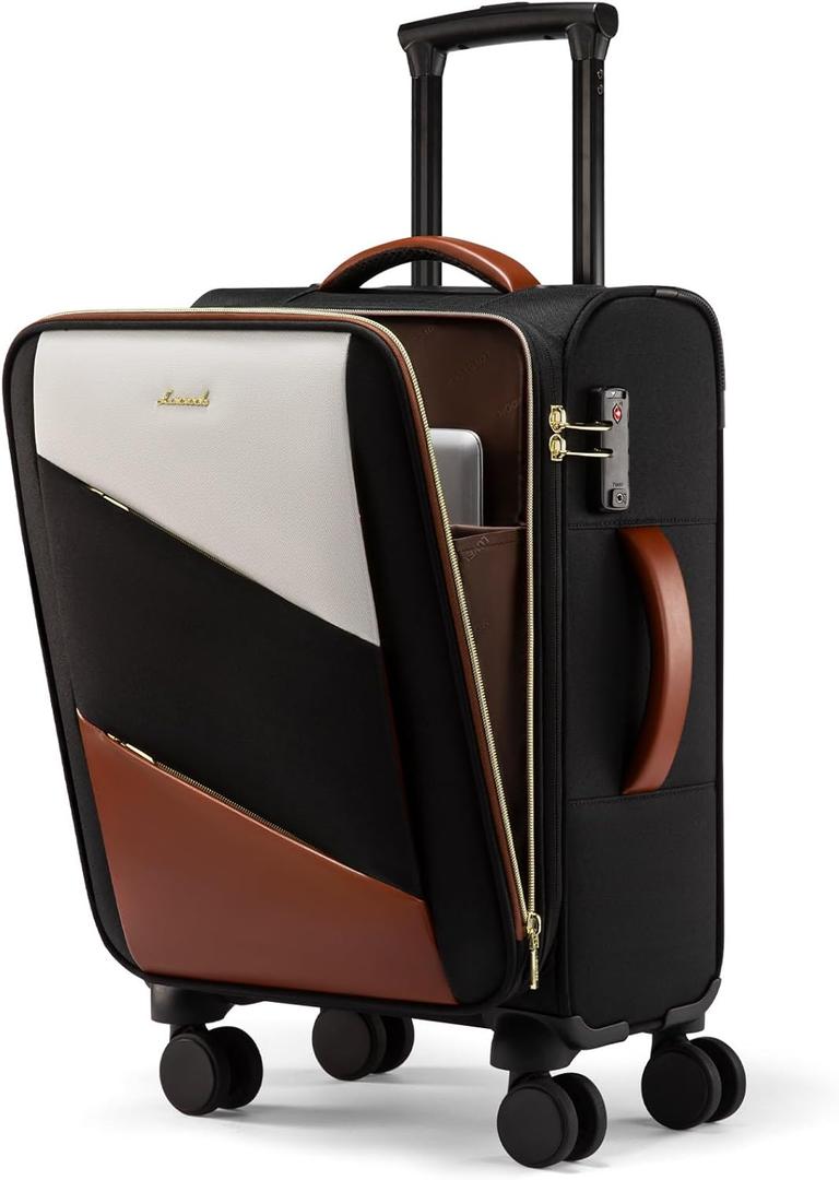 LOVEVOOK Carry On Luggage 22x14x9 Airline Approved, 20 Inch Suitcases with Spinner Wheels, Softside Carry on Suitcase with TSA Lock for Travel, Water-Resistant Large Capacity Luggage for Women Men (Black-White-Brown)
