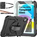 Ambison Case for iPad (A16) 11th/10th Generation 11"/10.9'' 2025/2022,Heavy Duty Shockproof Case with Tempered Glass Screen Protector, 360 Rotating Handle Strap&Stand,Shoulder Strap-Black