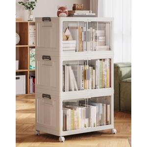 OlarHike 76QT Stackable Storage Bins with Lids - Folding Storage Box with Doors and Wheels, Collapsible Plastic Storage Bins for Closets, Home Organizers, 3 Pack Cubes (Warm Gray)