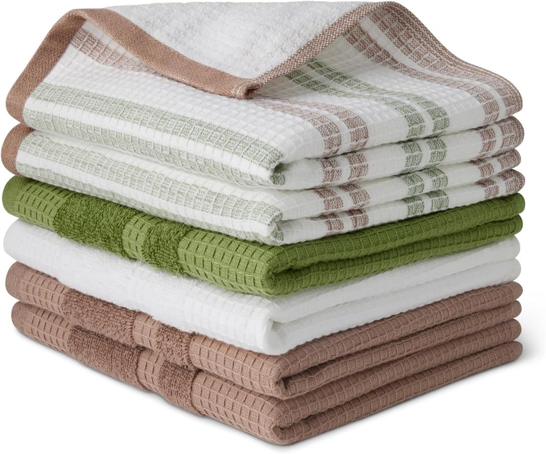 Amazon Basics Organic Cotton Waffle Kitchen Dish Towels - Ultra Absorbent, Quick Drying, Lint-Free, 15 x 25 inches, 6-Pack (2pc Olive Light/Brown Strip, 2pc Brown, 1pc Olive, 1pc White)