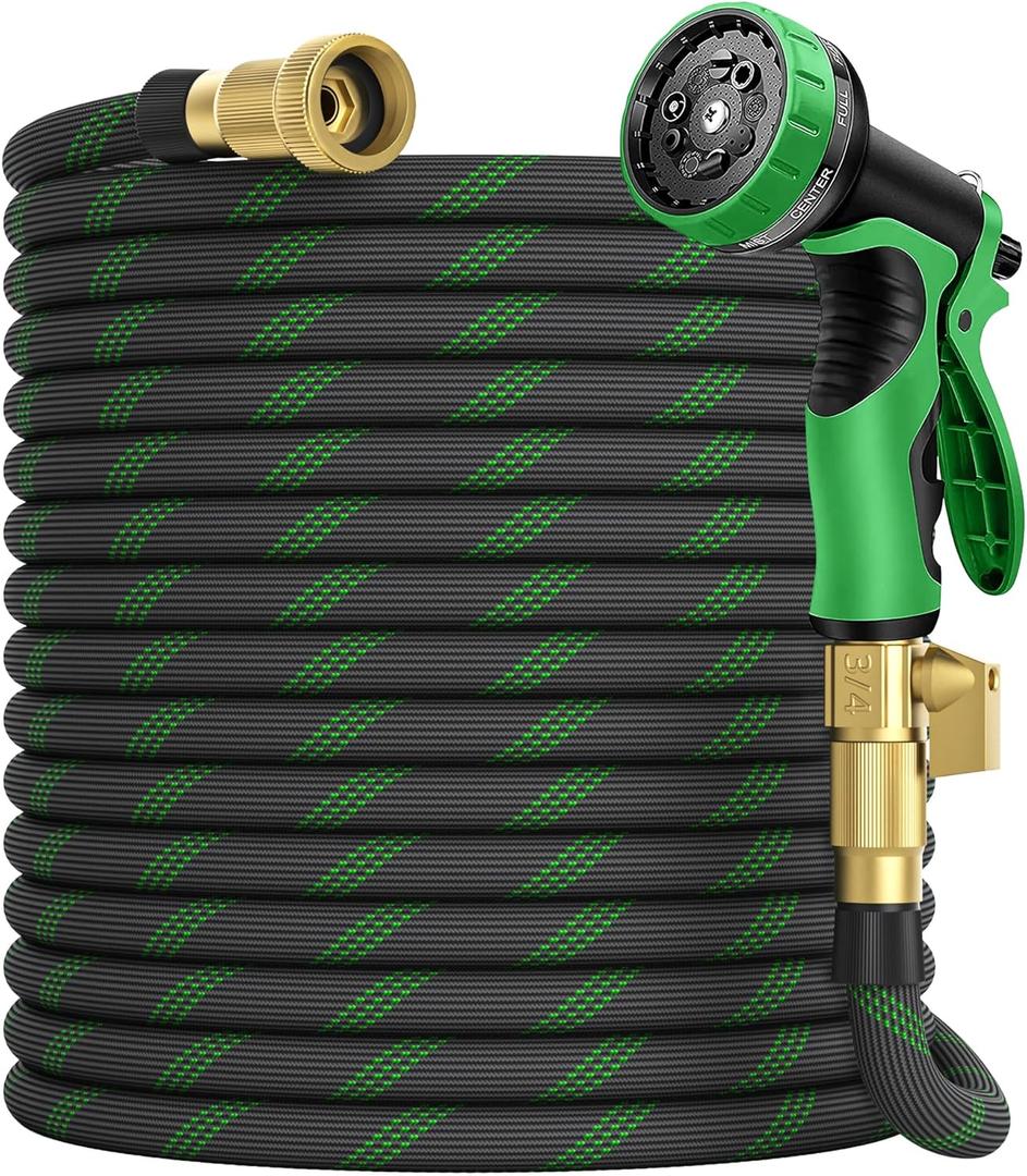 100 ft Garden Hose, 2025 Upgarded Flexible Water Hose 100ft With 10-Pattern Spray Nozzle, Kink-Free, Lightweight, Durable, Leak-Proof Solid Brass Fittings (Black & Green)