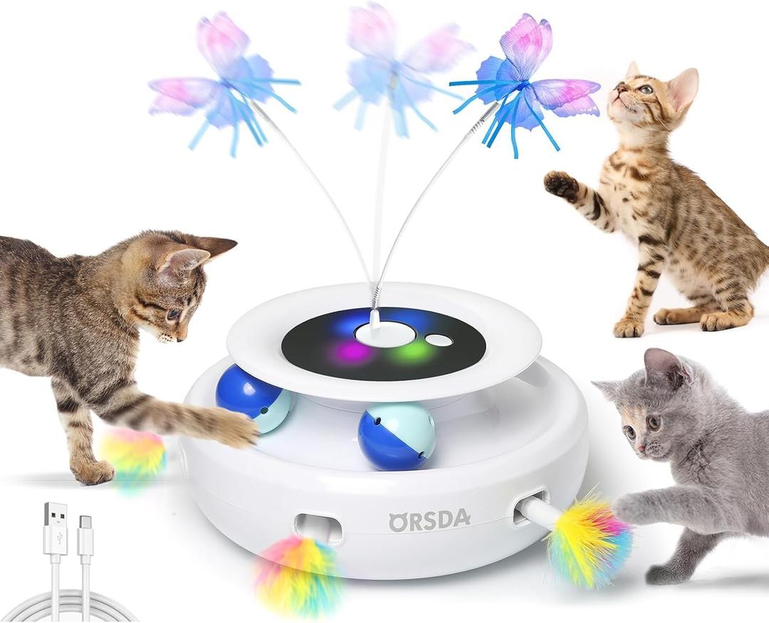 ORSDA Cat Toy, 3-in-1 Automatic Interactive Electronic Moving Ambush Feather, Fluttering Butterfly, Track Balls, USB Rechargeable Powered Smart Indoor Exercise Kicker (White)