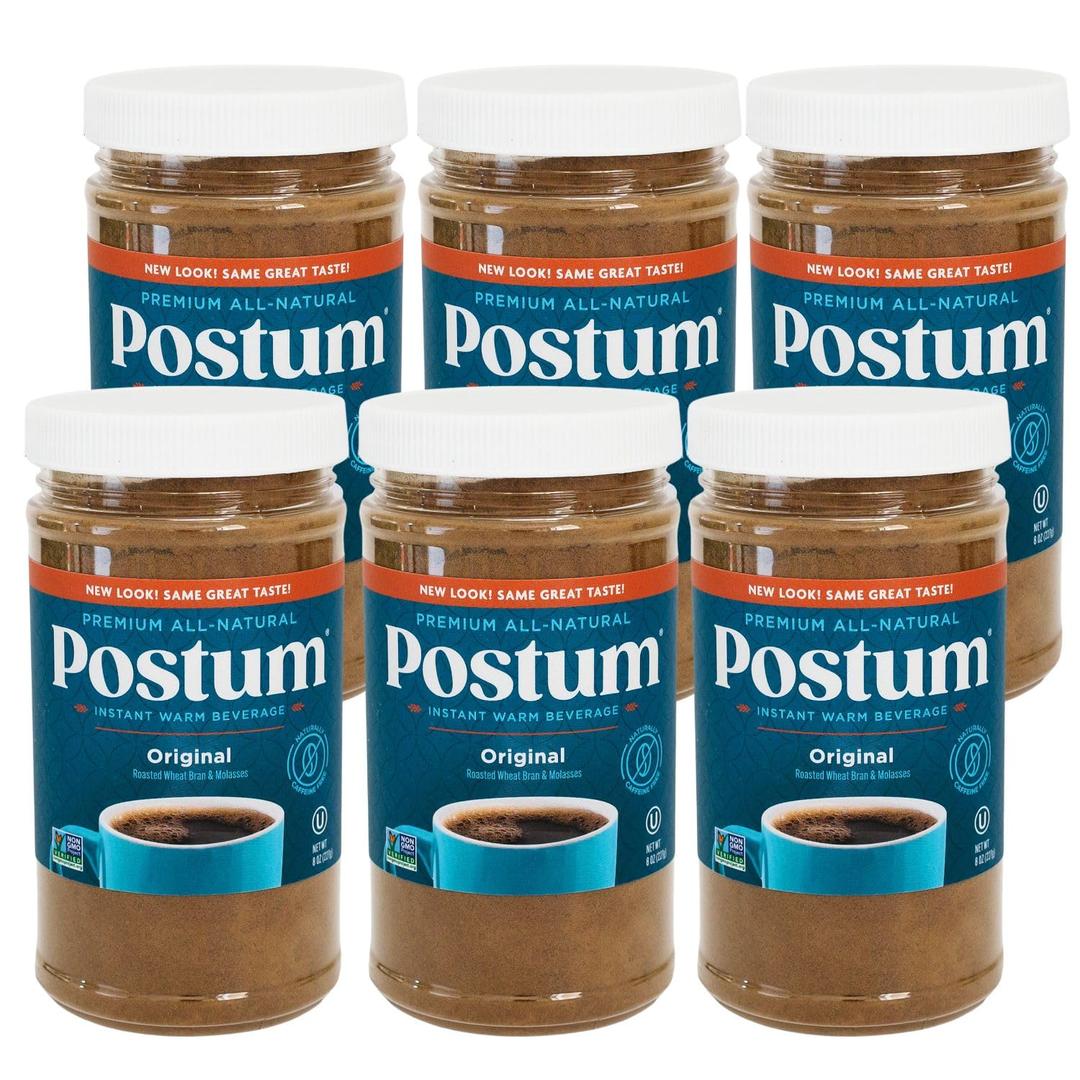 Postum Coffee Substitute Original (6x8oz) | Coffee Alternative Caffeine Free with Roasted Wheat Bran & Molasses | Natural, Non-GMO, Vegan Coffee Replacement Drink | Gourmet & Pantry Pack, Best By: 04/28/2028