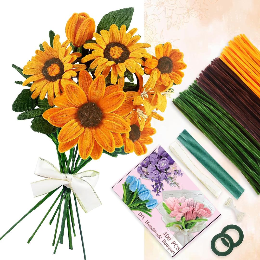 400 Pcs Golden Pipe Cleaners Craft for Flowers, 3 Colored Pipe Cleaner Flower Kit, Pastel Chenille Stems for Handmade Bouquet Wrapping Party Decorations with Floral Wire, Ribbons, Tape